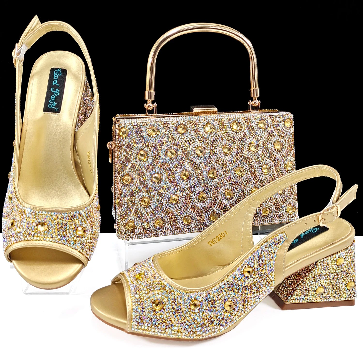 2024 Rhinestone Shoes and Bag Set - Trendy Green