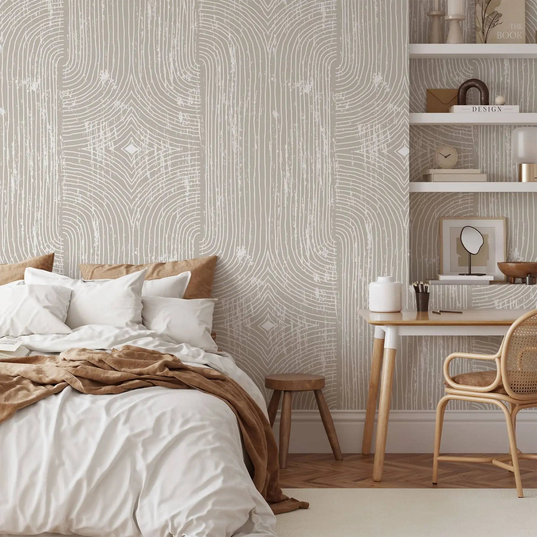 Boho Dark Grey Peel and Stick Wallpaper Geometric Arches Contact Paper Removable Wall Paper for Kitchen Walls Cabinet Drawer