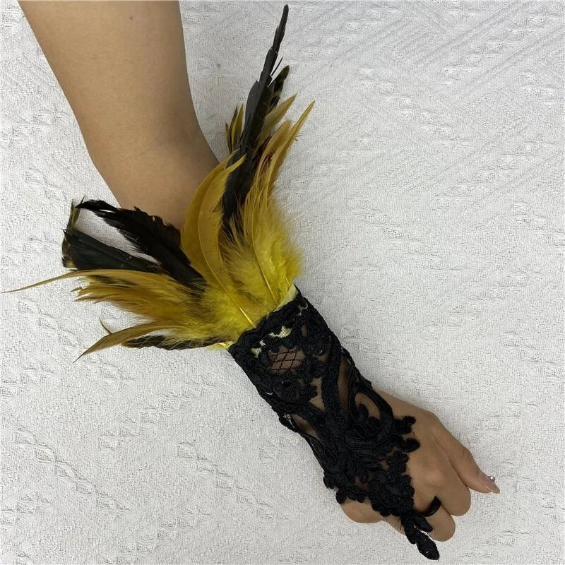 Mesh Gloves Women Halloween Lolita Cosplay Y2k Feather Cuffs Fingerless Mittens Lace Black Long Rave Accessories Feather Apparel - Daisan Mart
