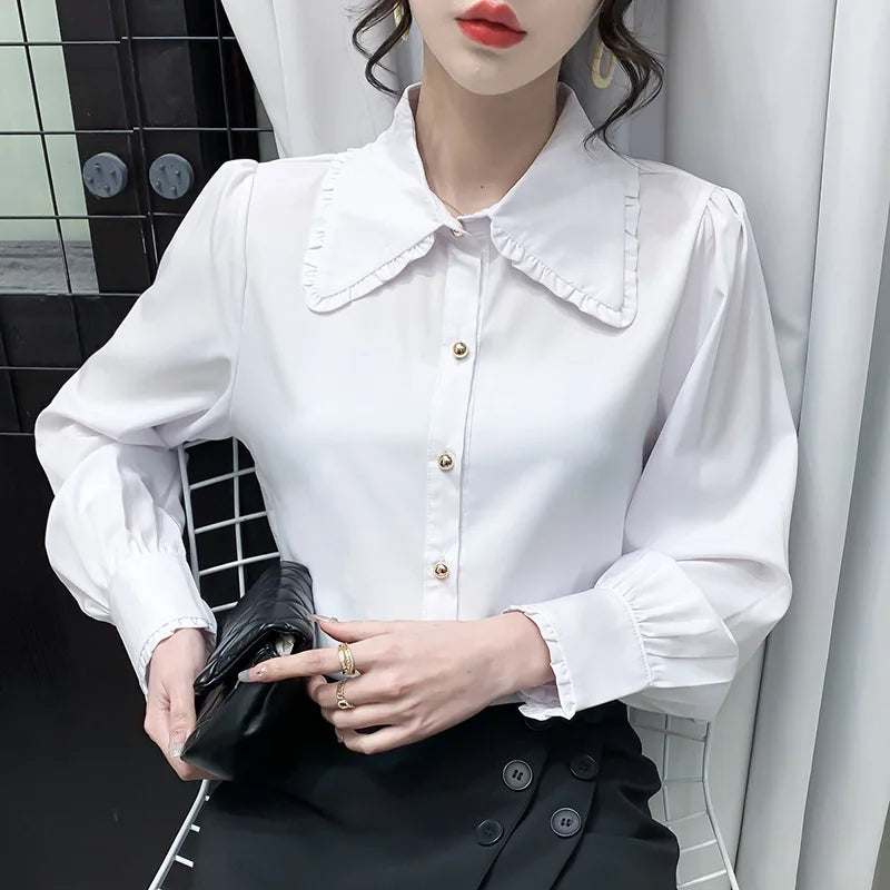 Elegant Women Shirts Woman White Shirt Long Sleeve Blouse Office Lady business Shirts Button Solid Women work Blouses Top NS5961