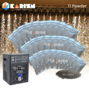 Gói bột titan màu bạc, máy phát màu đen, phông nền pháo hoa sáng rực rỡ.