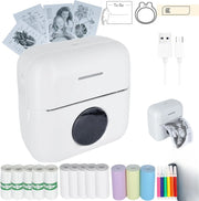 Máy in mini màu trắng, giấy in cuộn nhiều màu, cáp USB, bút màu, ảnh đen trắng in ra.