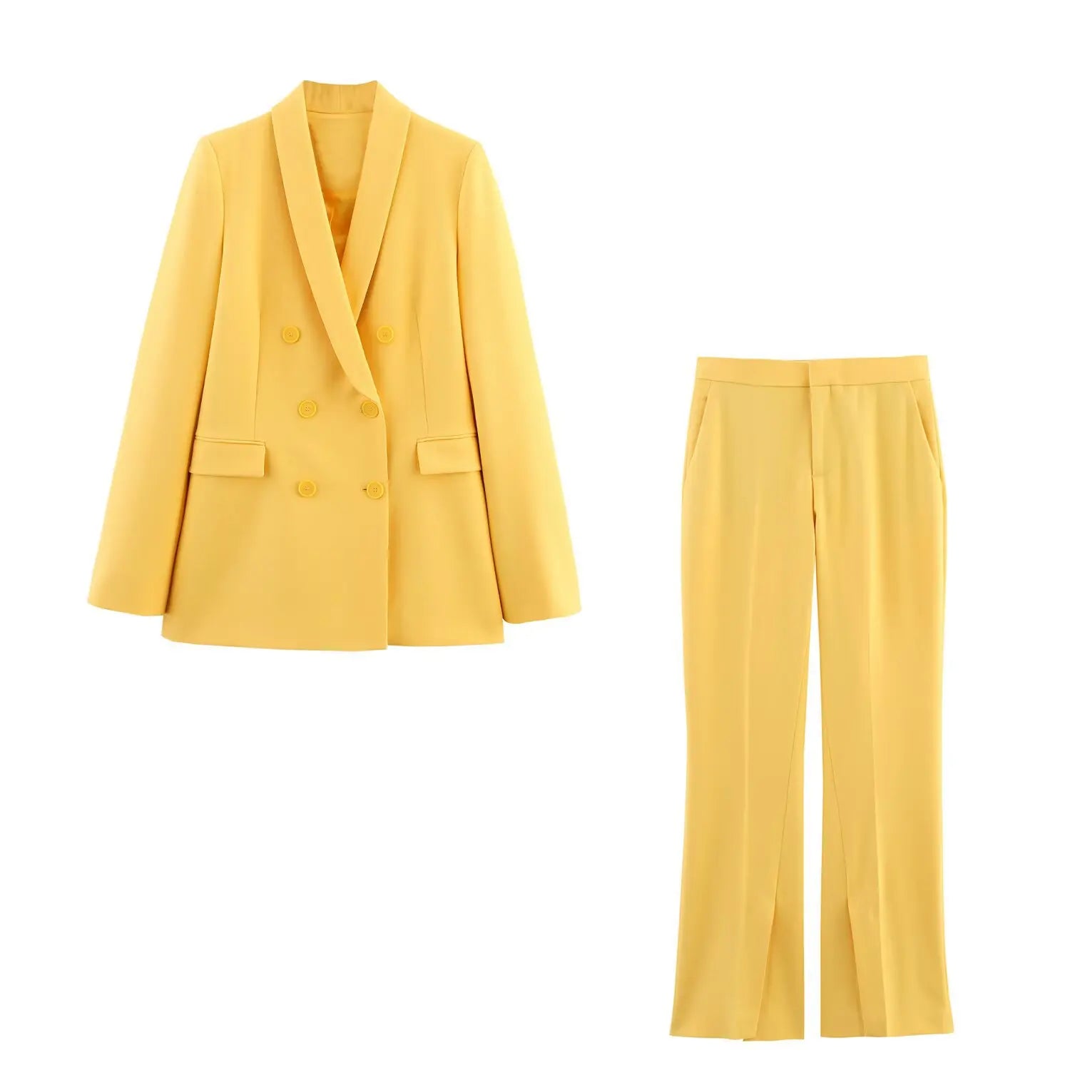 Office Lady Suits Two Piece Pant Set Turn-Down Collar Long Sleeve Double-Breasted Blazers+Mid Waist Zipper Flared Pants - Daisan Mart