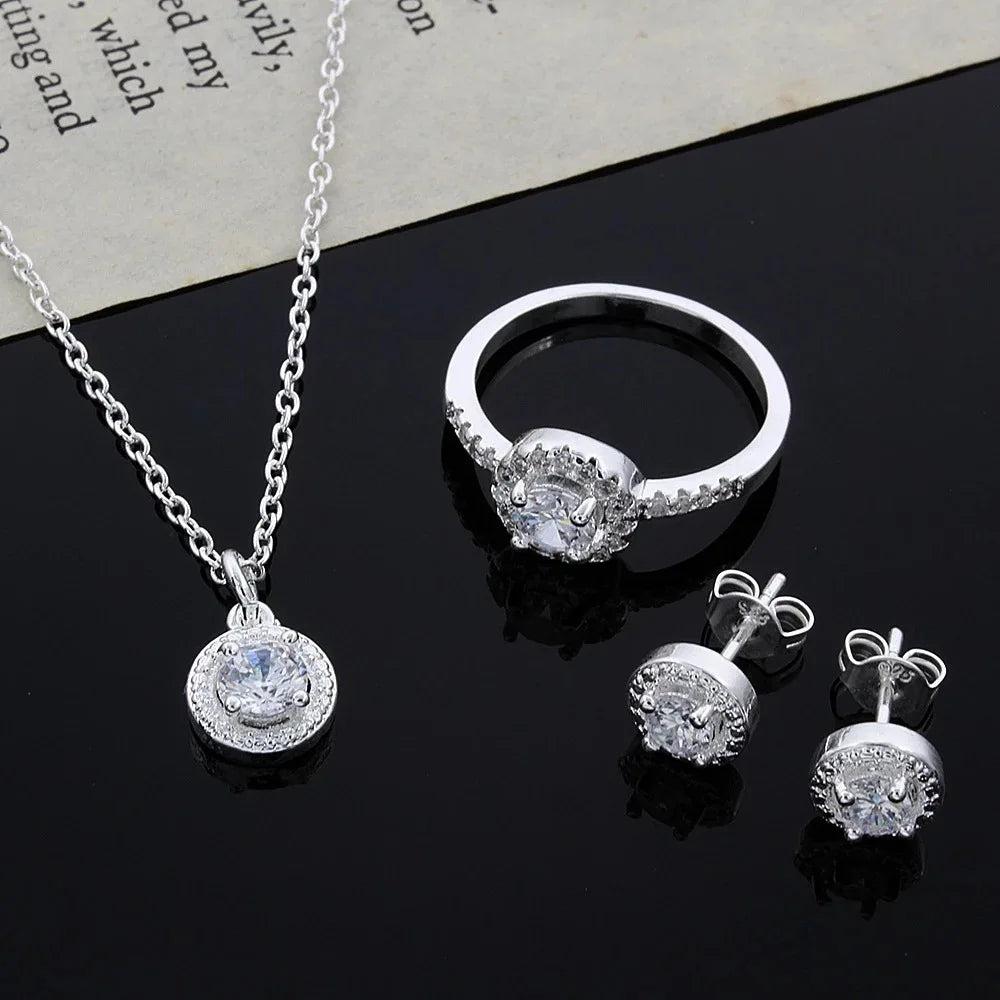 Zircon Silver Jewelry Set: Necklace, Ring, Earrings