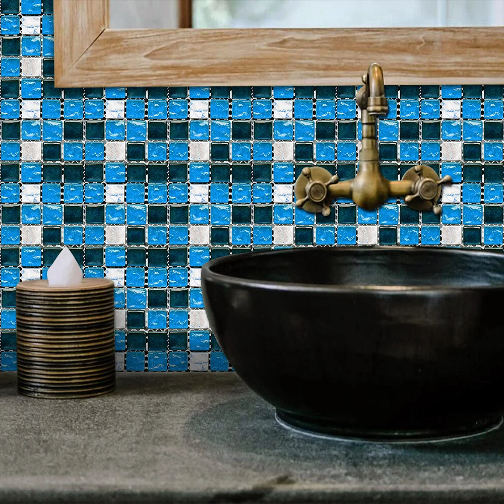10pcs Flat Mosaic Style Tiles Sticker Kitchen Bathroom Waterproof &amp; Oilproof Art Wall Sticker Peel &amp; Stick Surface Glossy Film