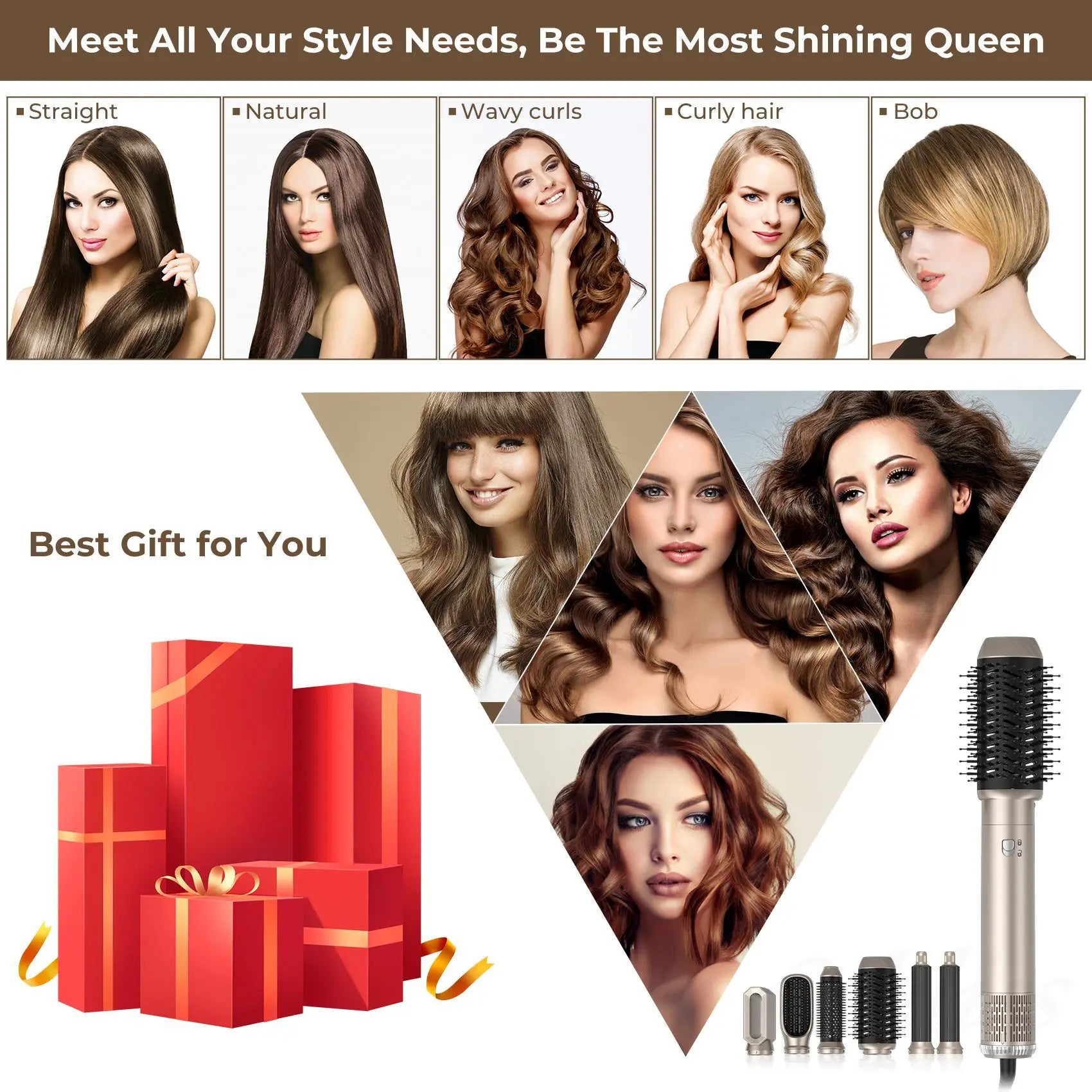 6 in 1 Hair Dryer,Multi Styling Tool,Straightener &amp; 32mm Curling 300 Million Negative Ions Hair Care 1-3 Mins Quick Drying Gifts