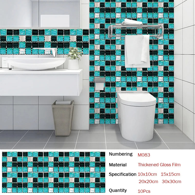 10pcs Flat Mosaic Style Tiles Sticker Kitchen Bathroom Waterproof &amp; Oilproof Art Wall Sticker Peel &amp; Stick Surface Glossy Film
