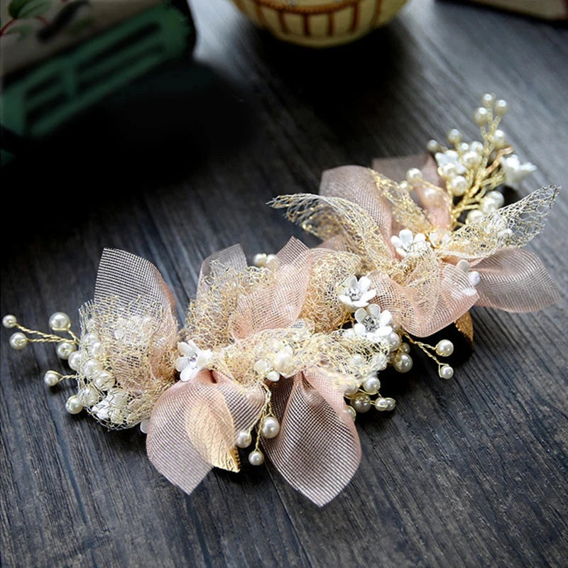 Trendy Handmade Gold Pearl Wedding Flower Hair Clip