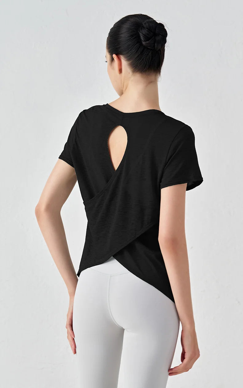 Áo Tập Gym Nữ Nylon Thoáng Mát Lưng Rỗng Ngắn Tay - Daisan Mart
