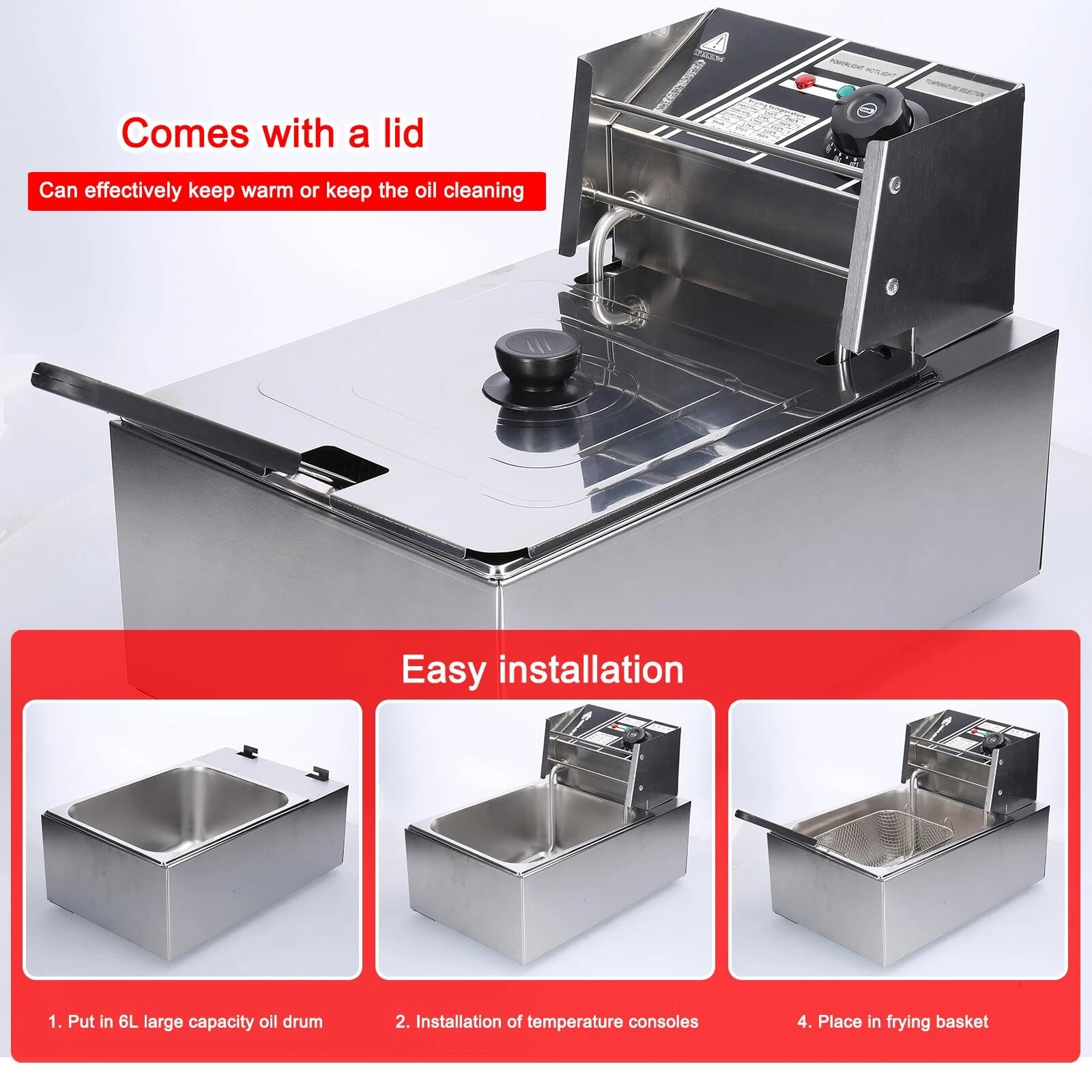 Aoresac 6L Electric Deep Fryer with Removable Oil Filtration Basket 1500W Stainless Steel Automatic Thermostatic Fish Frye