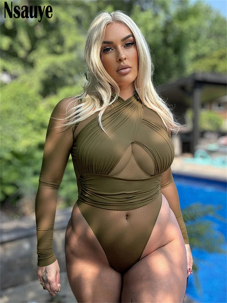 Nsauye Sexy Tights Long Sleeve High Waist Hollow Out Night Club Fashion Women Bodysuit Tops Y2K One Pieces Skinny Rompers 2025