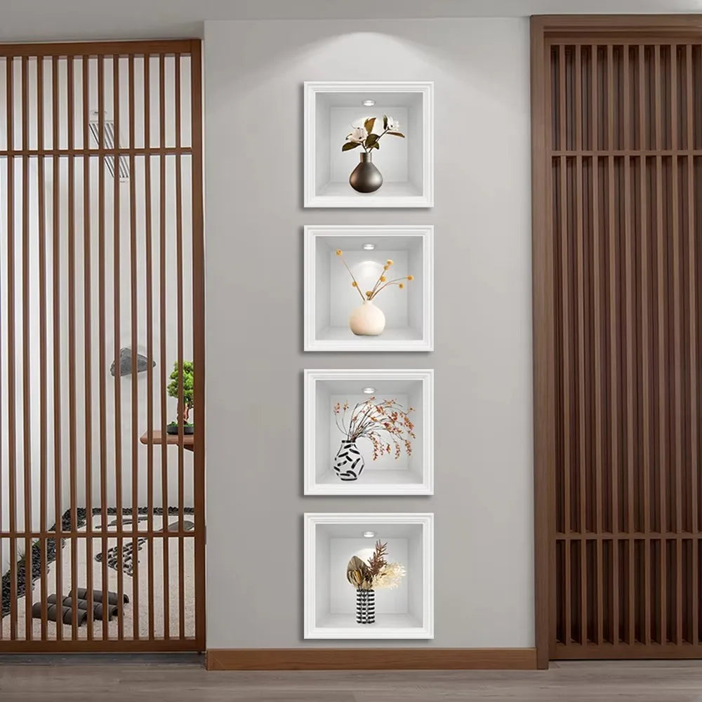 4pcs/set Simulated Plant Potted Plants Cabinet Decoration Wall Stickers Peel &amp; Stick Waterproof PVC Frameless Wall Art Mural