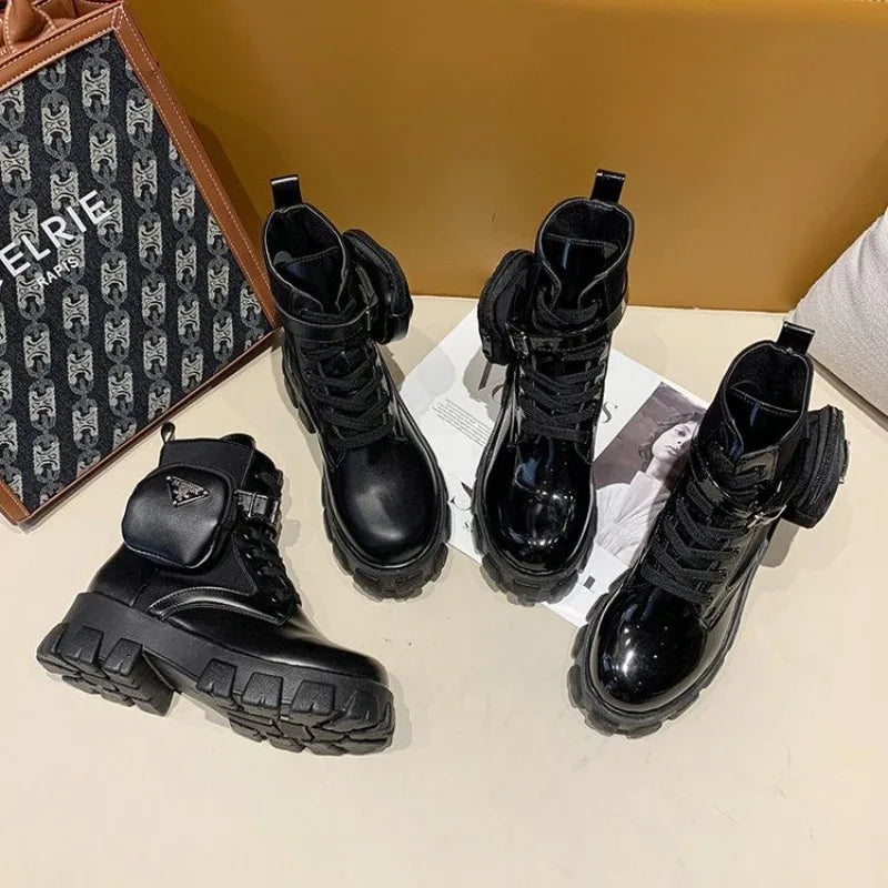 Women's Fashion Boots Thick Sole Round Toe with Small Bag