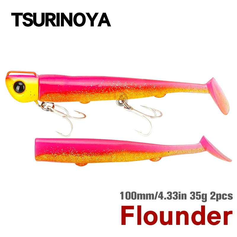 TSURINOYA Sinking Large Baits 110mm/35g Long Casting Jig Head T Tail Soft Lure Set 2pcs Tail Flounder Seabass Fishing Lure