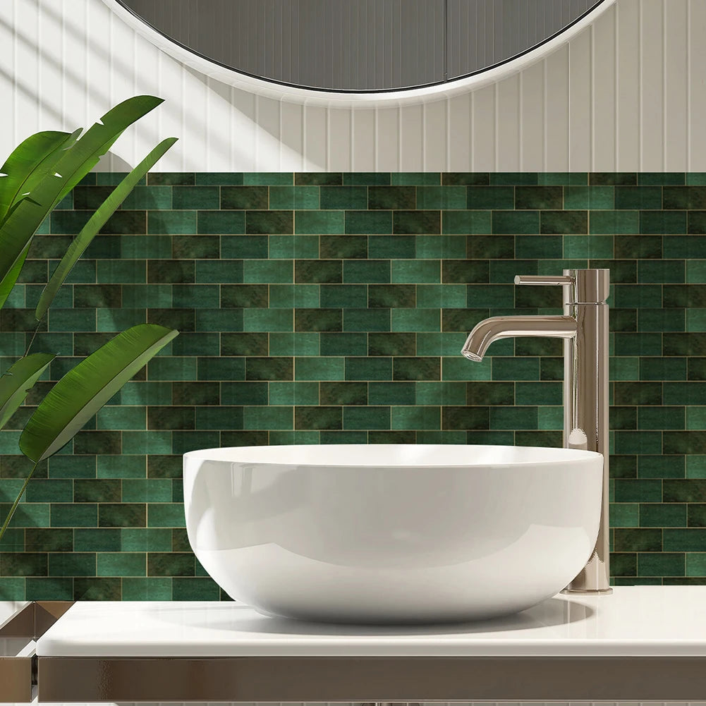 10Pcs Set Retro Dark Green Brick Wall Stickers Mosaic Tile Sticker Bathroom Kitchen Home Wall Background Embellishment