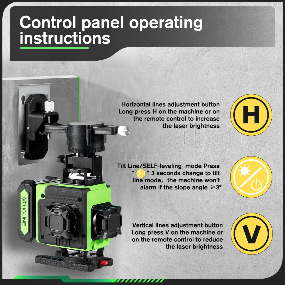 HGLINE 16 Lines 4D Laser Level APP Remote Control Rechargeable Self-leveling 360 Green Line leveling 6000mAh Big Li-ion Battery