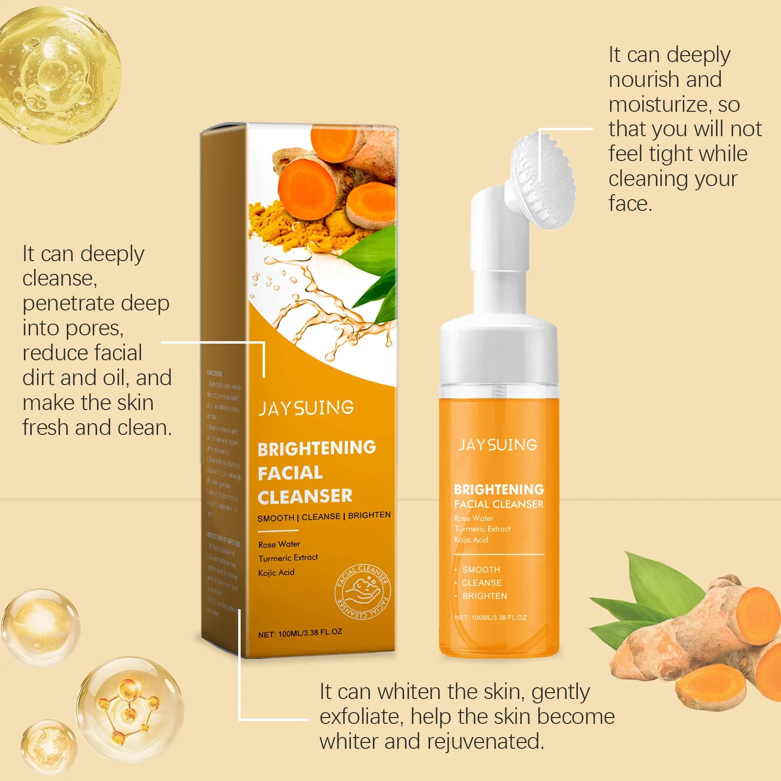 Brightening Facial Cleanser Turmeric Moisturize Nourish Acne Blackhead Remover Clean Pores Rejuvenation Wash Foam Face Cleanser