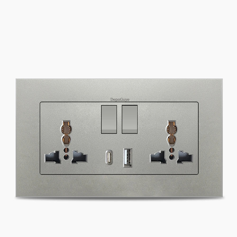 Universal 18W Type-C Plug Quick Charging Dual 3-pin Power Socket 220V,Wall electrical Socket with DC 5V 3.1A Type-c USB Charger
