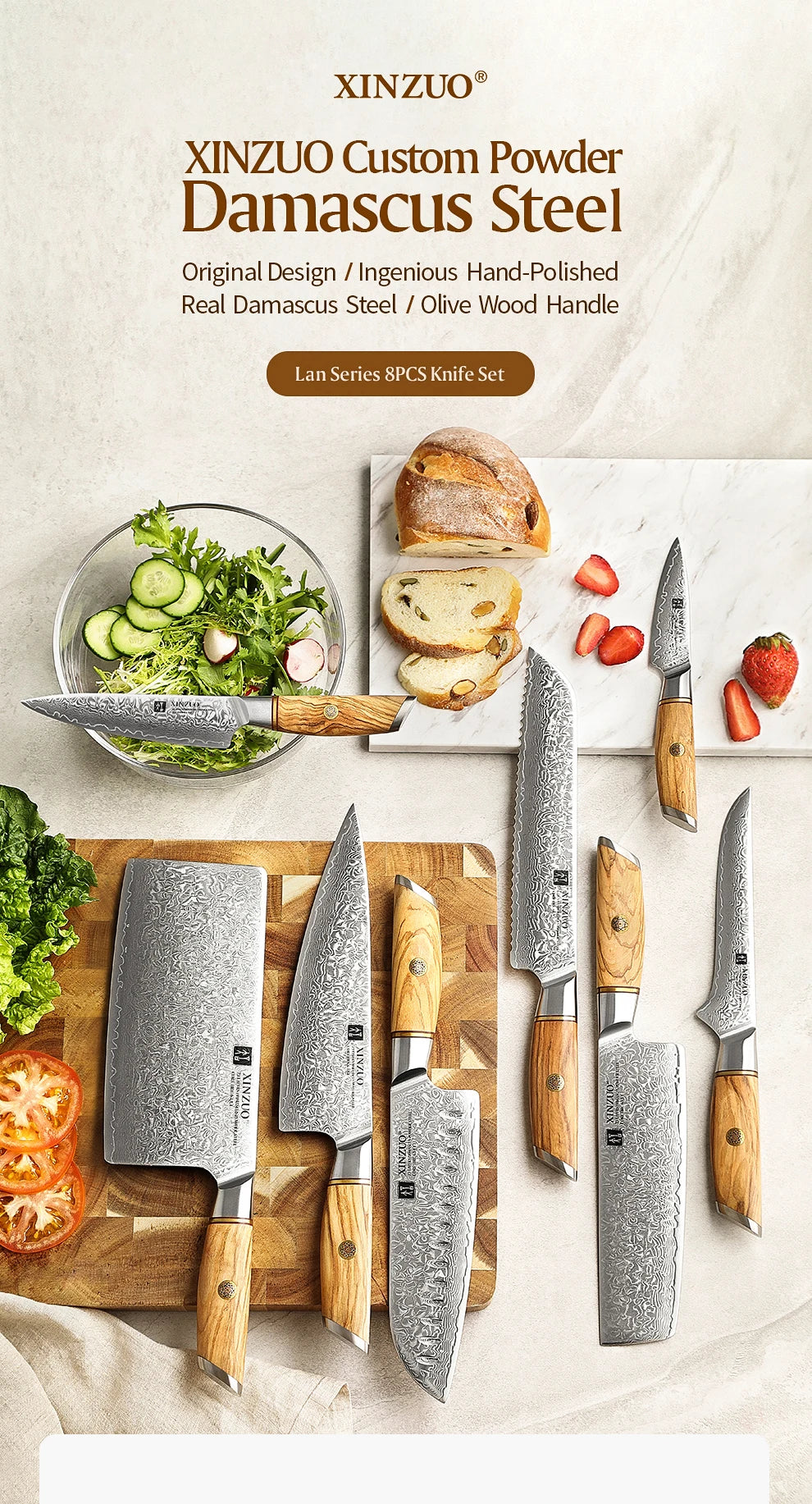XINZUO 1-8pcs Kitchen Knife Set 73 Layers Custom Damascus Steel 15°±1 Per Side Steel Blade with Olive Wood Handle - Daisan Mart
