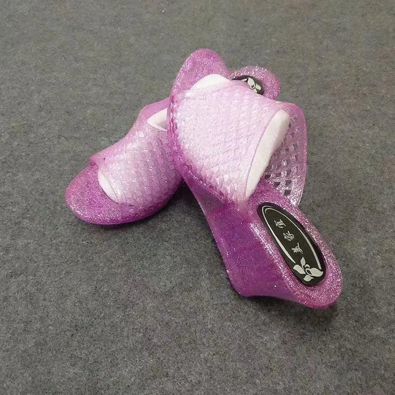 Summer Women's Causal One Word Slippers Soft Bottom Non Slip Slope Heeled Transparent Crystal Home Slippers Bathroom Slippers