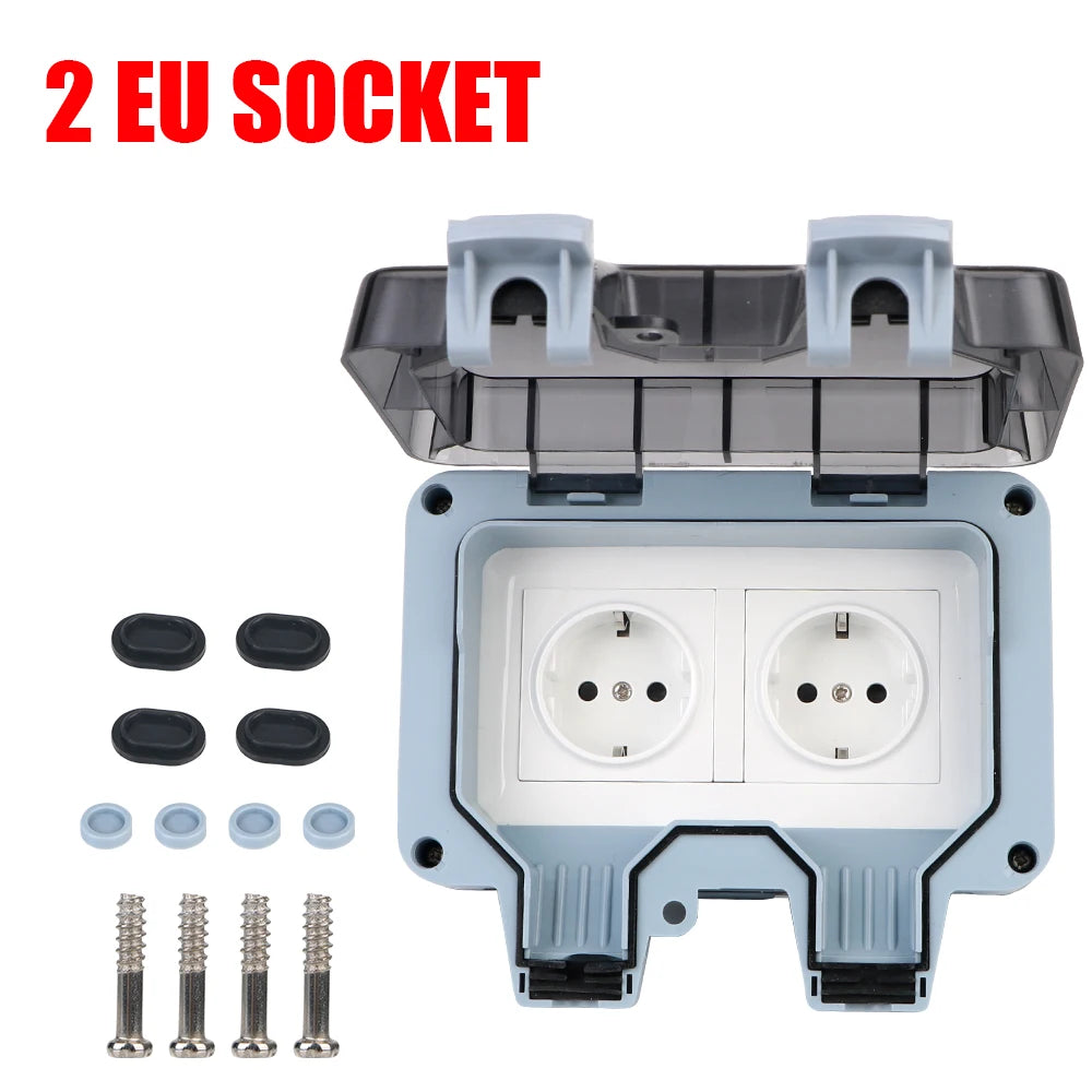 IP66 Outdoor Double Socket With USB, 16A Switch