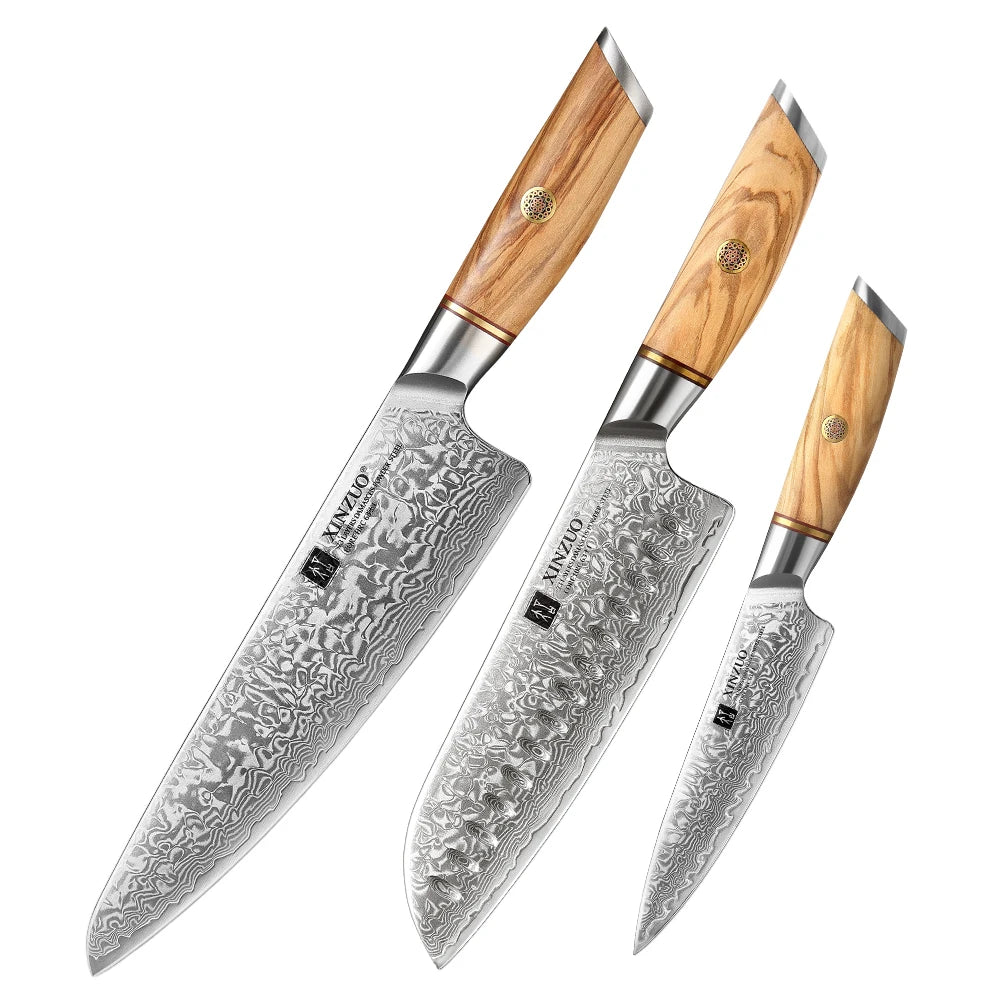 XINZUO 1PC-3PCS Damascus Japanese VG10 Steel Chef Knife Santoku Knife Utility Knife Olive Wood Handle with Copper Flower Nails - Daisan Mart