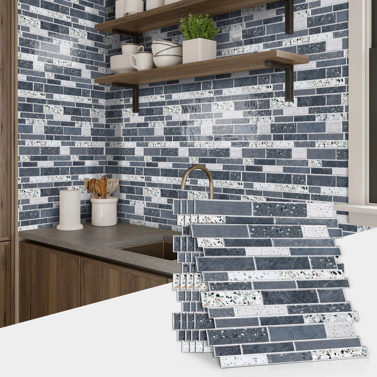 1/12pcs Classic Black And White Tile Marble Room Decoration Kitchen Living Room Waterproof Self-Adhesive Wall Sticker Detachable