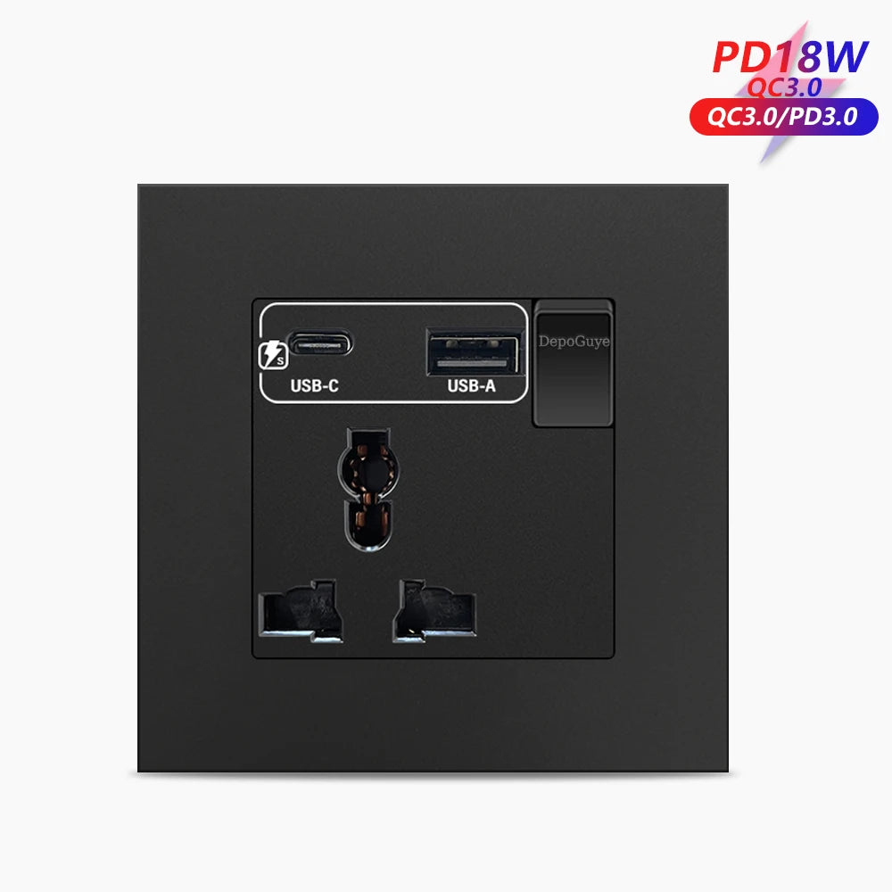 Universal 18W Type-C Plug Quick Charging Dual 3-pin Power Socket 220V,Wall electrical Socket with DC 5V 3.1A Type-c USB Charger