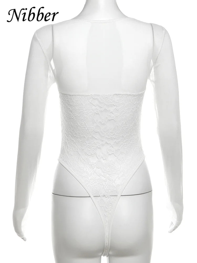 Nibber Lace up Woman Letter Print Bodysuits U Collar Hollow Out Long Sleeves Skinny Mesh Look Slimmer Korean Hottie Outfits