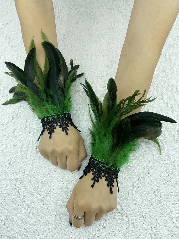 Natural Feather Sleeve Cuffs Gloves Party Cosplay Lace Wrist Cuffs Fur Sleeve Furry Accessories Carnival Stage Show Costume - Daisan Mart