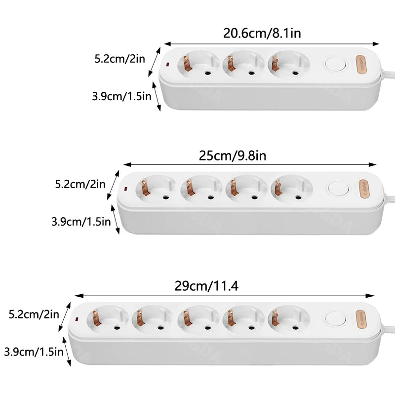 Ổ Cắm Điện EU 3/4/5 Cổng, Công Tắc Riêng, Dây 2m