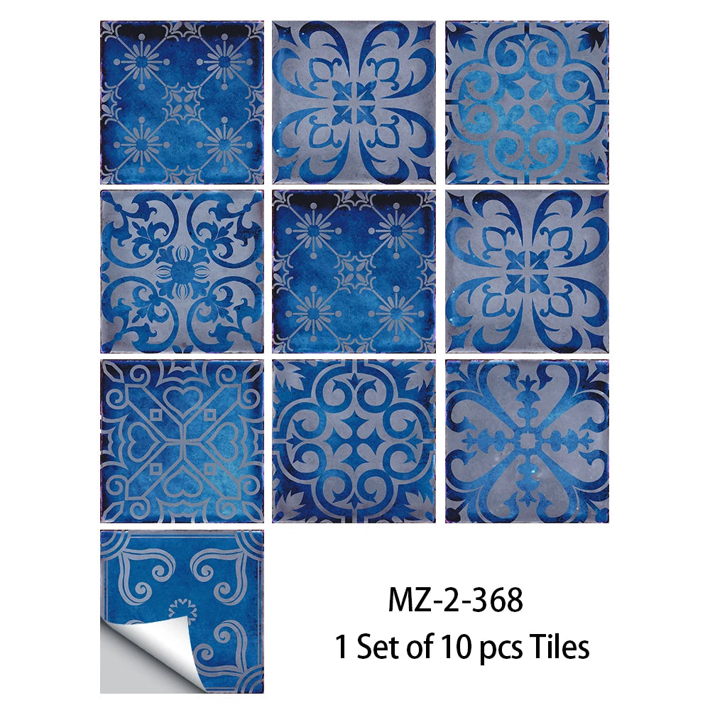 10pcs/set Dream Blue Tile Sticker Kitchen Backsplash Oil-proof Bathroom Waterproof Home Decor Wall Decals Peel &amp; Stick Art Mural