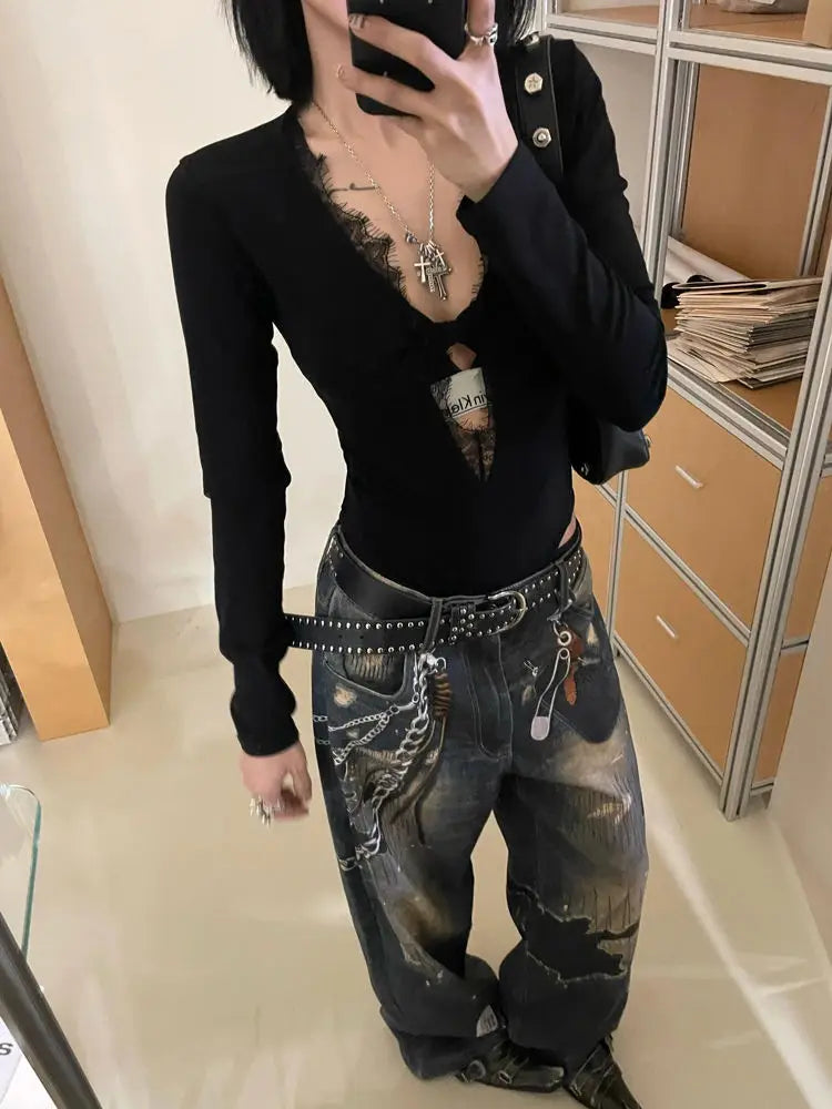 Gothic Black Lace Mesh Bodysuit for Women Y2K