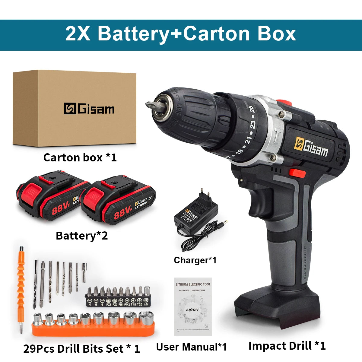 21V Cordless Drill Electric Impact Drill Rechargeable Electric Screwdriver Lithium-Ion Battery 2 Speed ​​DIY Driver Power Tools