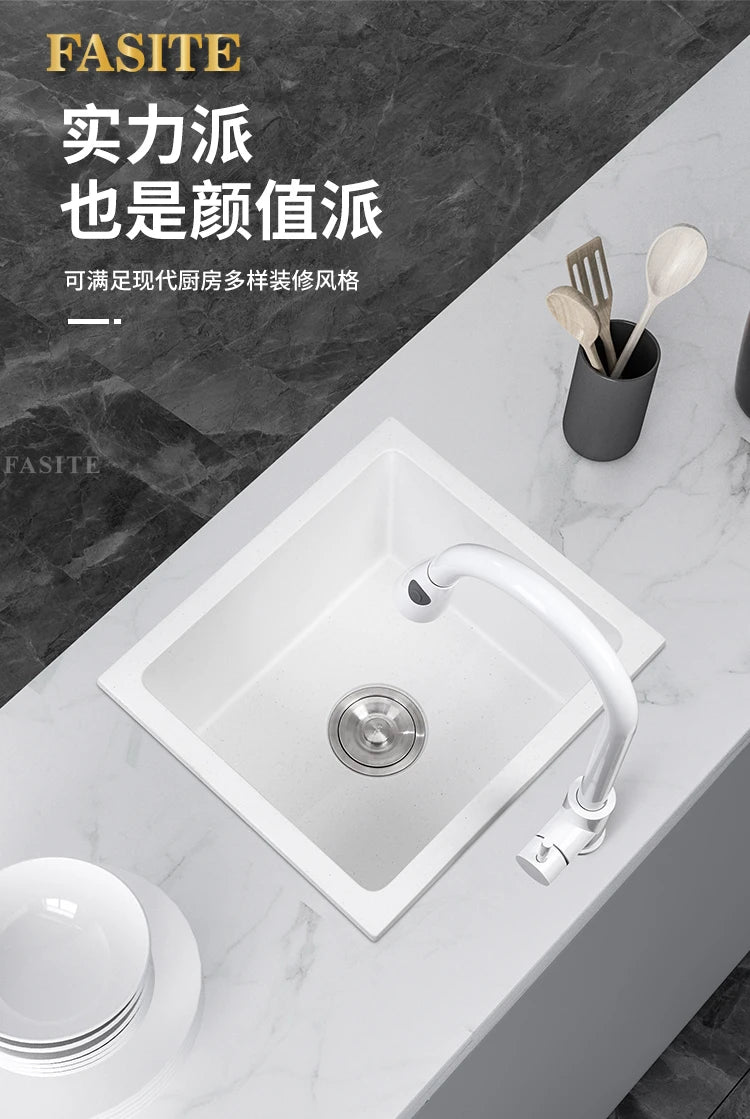 Bar counter square white quartz stone sink size single under counter kitchen vegetable basin - Daisan Mart
