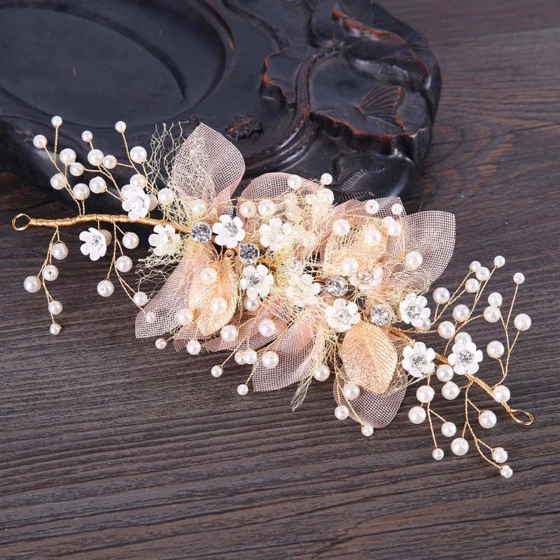 Trendy Handmade Gold Pearl Wedding Flower Hair Clip