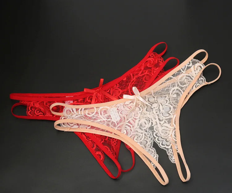 Women's Panties Opening Crotch Transparent G-strings Thongs Sexy Lingeries Low Waist Bowknot Underwear Ladies Womens Lace Pantys