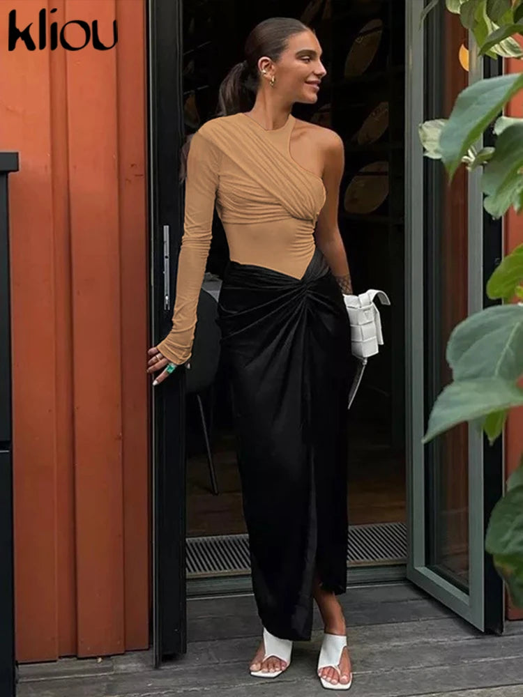 kliou Classic Solid Women Bodysuits Autumn All-matched Stacked Ruched Incline Shoulder Skinny Rompers Female Trend Street  Tops - Daisan Mart