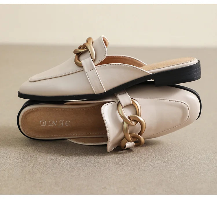 Women's Fashion Mules - Square Toe Black and White Chain