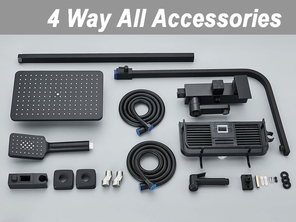 Chrome Brass Shower Faucet Set Rainfall Bathtub Tap With Bathroom Shelf 4 Function Height Adjust Shower Mixer Crane Fast Delivey