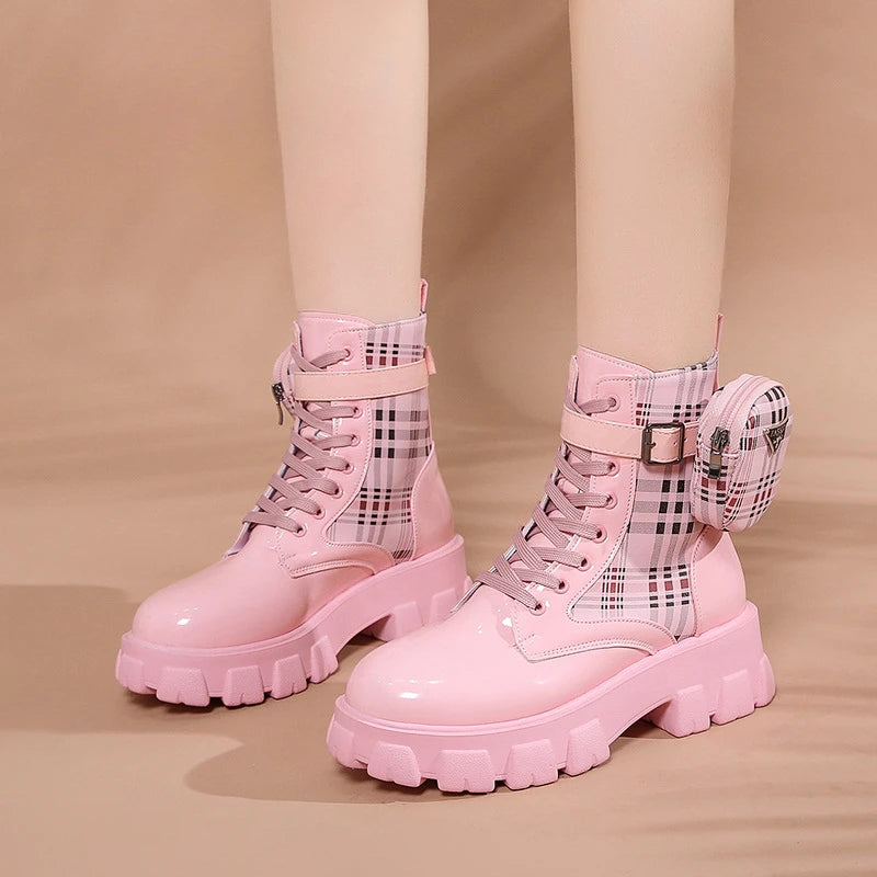 Women's Fashion Short Leather Boots with Thick Soles &amp; Zipper Pocket