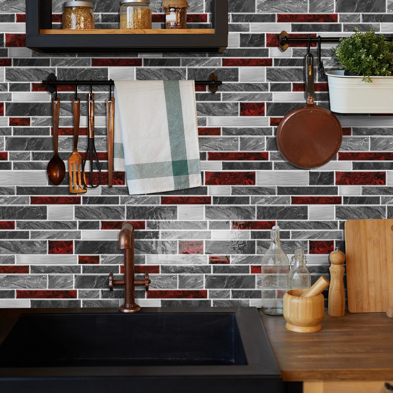 1/12pcs Classic Black And White Tile Marble Room Decoration Kitchen Living Room Waterproof Self-Adhesive Wall Sticker Detachable