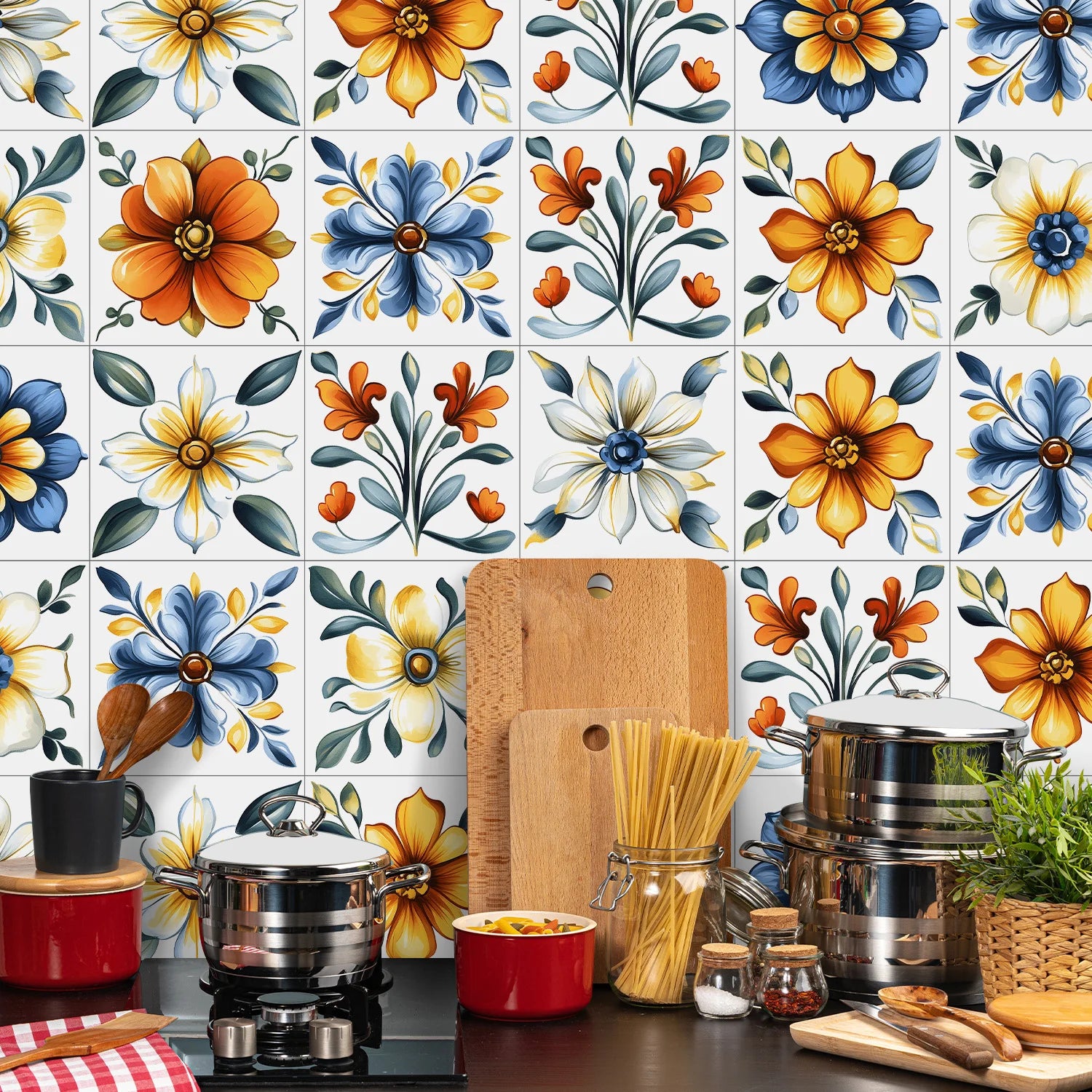 24pcs/Set Self-Adhesive Waterproof Art Wall Stickers For Living Room, Kitchen Oil Resistant Tiles Stickers For Room Decor Decal