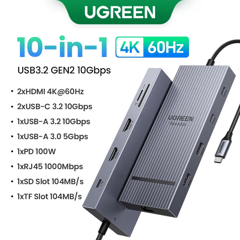 UGREEN 10Gbps USB C HUB 4K60Hz Type-C to HDMI RJ45 PD100W SD&TF USB Adapter for Macbook iPad Samsung Laptop Accessories Docking
