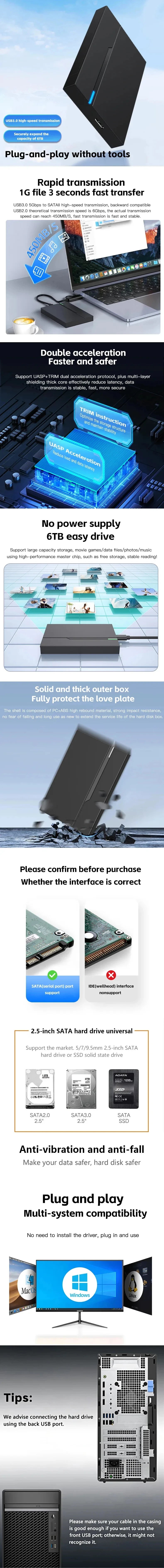 2.5 USB 3.0/3.1 External Hard Drive Enclosure For SSD HDD 6TB