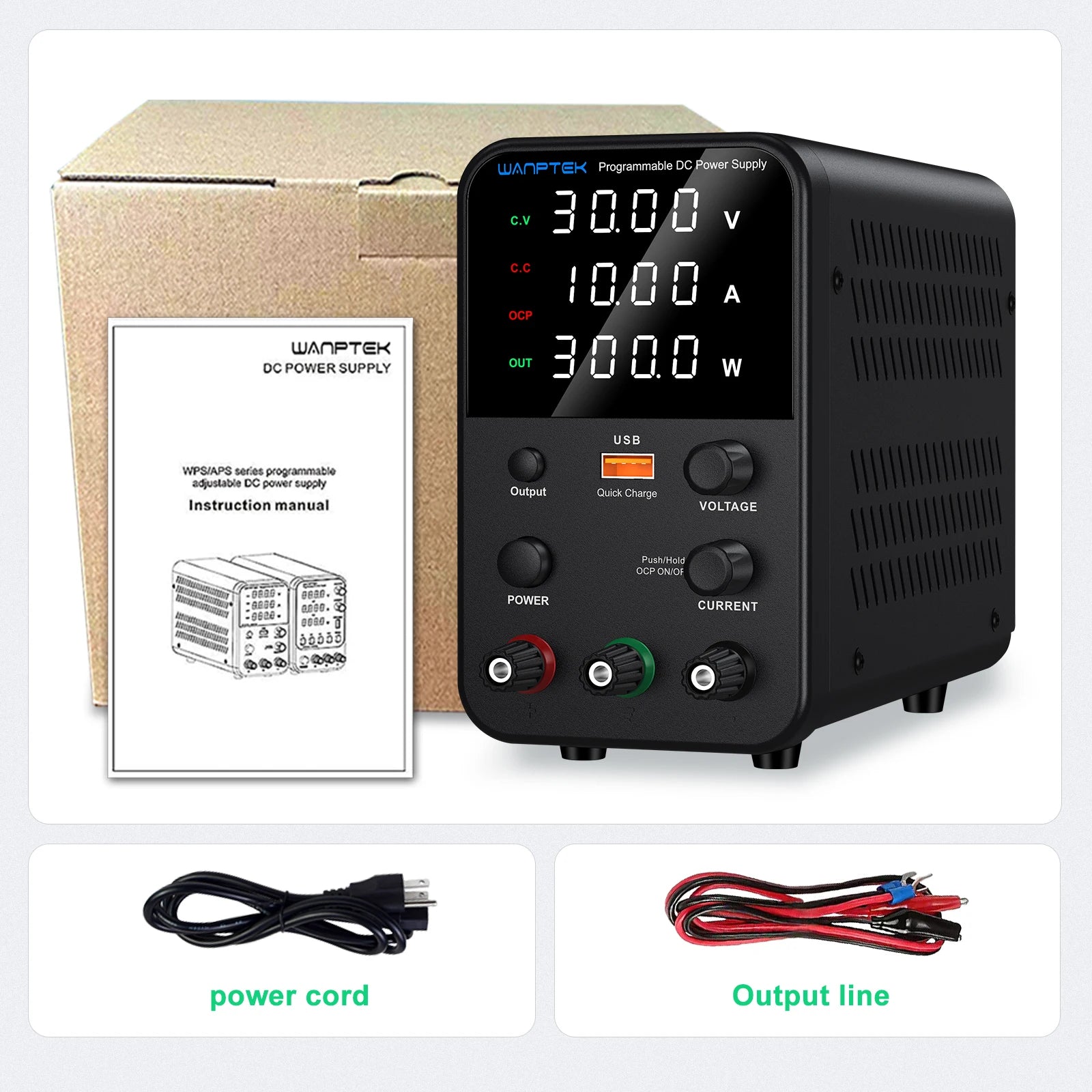 Wanptek Laboratory Power Supply Adjustable 30V 10A 60V 5A 120V 3A with USB Fast Charging Encoder Adjustment Lab DC Power Supply