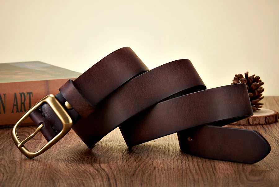 High Quality Men's Cowhide Belt - Vintage Copper Buckle