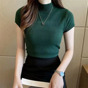 Women's Short Sleeve Turtleneck Knitted Summer T-Shirt