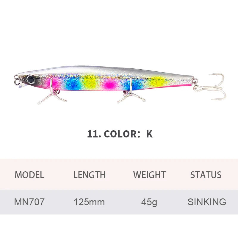 12.5cm 45g Fishing Lures Minnow Wobbler Long Casting Sinking Heavy Shot Artificial Hard Bait Fishing Accessories Decoy MN707