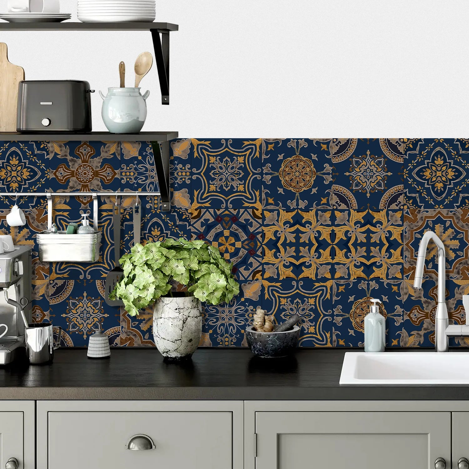 24 pieces of Mandala Pattern Glossy Self-adhesive Tile Stickers for Kitchen and Bathroom Removable Waterproof 3D Wall Decal